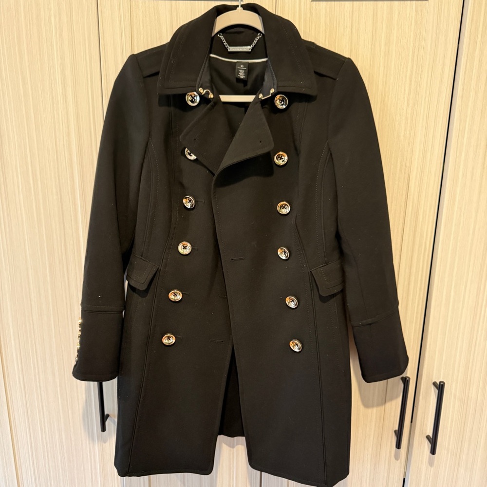 White House Black Market military style black Coat with Gold Buttons size XS